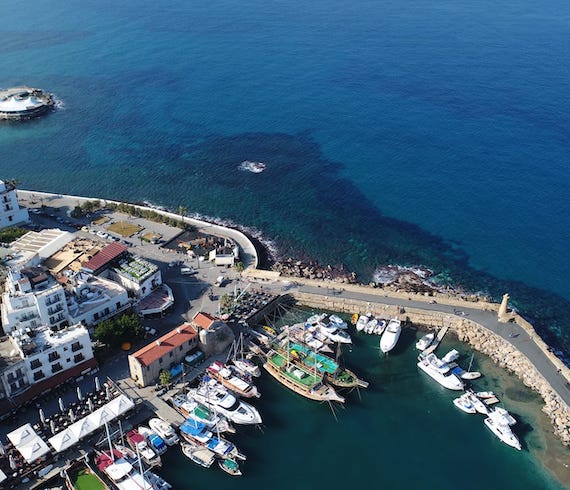 İçinde teknelerin yanaştığı marinanın havadan görünümü.