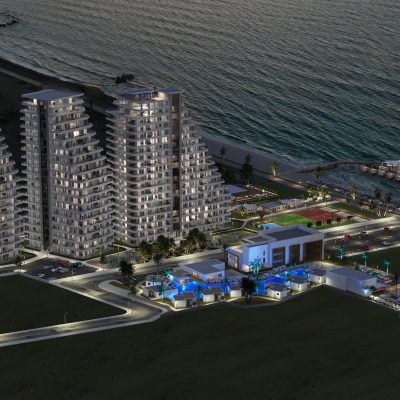 Okyanusa yakın bir apartman kompleksinin 3 boyutlu görüntüsü.
