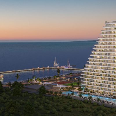 Bir sanatçının suya yakın bir apartman binası çizimi.