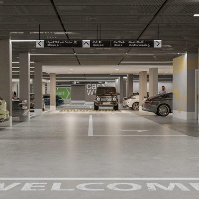 Bir sanatçının, içinde arabaların bulunduğu bir otopark çizimi.