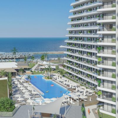 Bir sanatçının denize yakın bir apartman kompleksi çizimi.