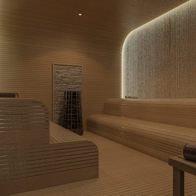 Ahşap banklara ve aydınlatmaya sahip bir sauna odası.