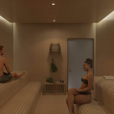 İki kişi saunada oturuyor.