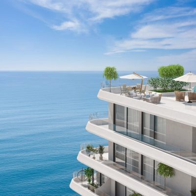 Okyanusa bakan bir apartmanın 3 boyutlu görüntüsü.